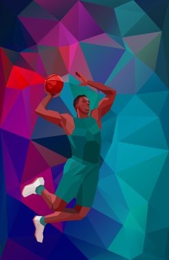 Renkli düşük Poli arka plan ayarla yan her Çokgen geometrik tarzı illüstrasyon atlama çekim bir basketbol oyuncu atlama atış Jumper bakıldığında.