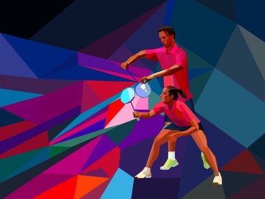 Badminton players mixed doubles team, man and woman start badminton game, vector badminton serve clipart