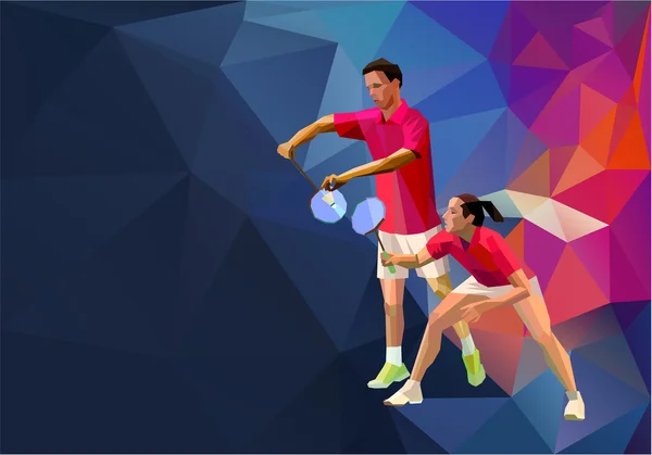Badminton oyuncuları karışık çiftler takımı, erkek ve kadın badminton oyunu başlıyor, vektör badminton servis
