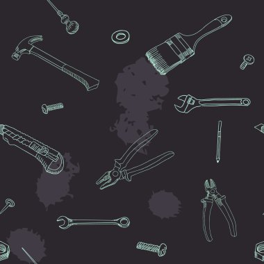 Doodle stil makinist, marangoz veya el ulağı aracı arka plan - sorunsuz vektör desen.