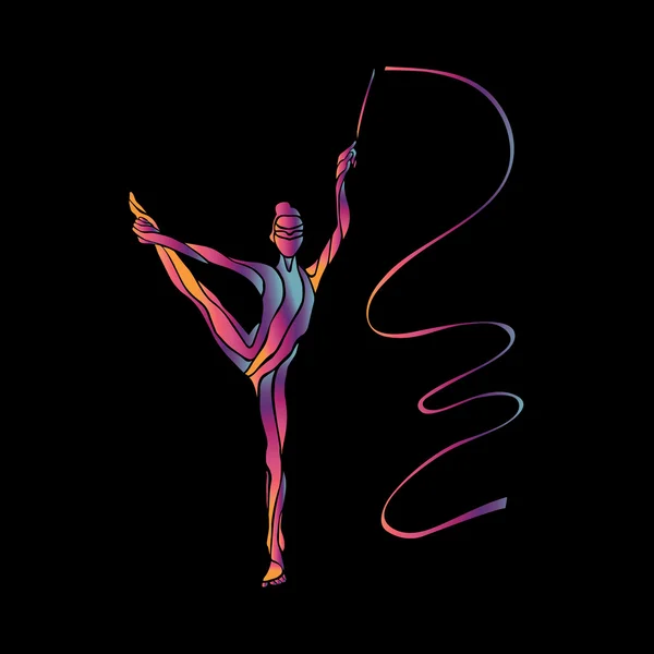 Creative silhouette of gymnastic girl. Art gymnastics with ribbon — Stock Vector