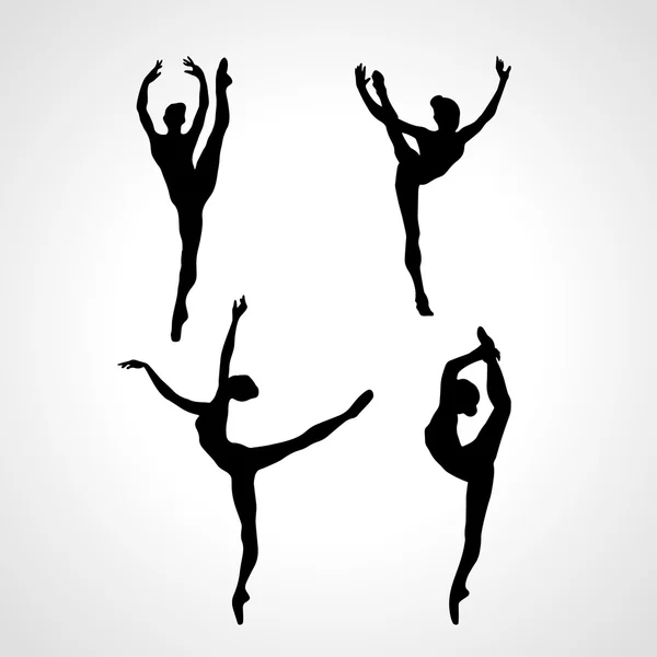 Siluetas creativas de 4 chica gimnástica. Gimnasia artística o danza de ballet, ilustración vectorial — Vector de stock