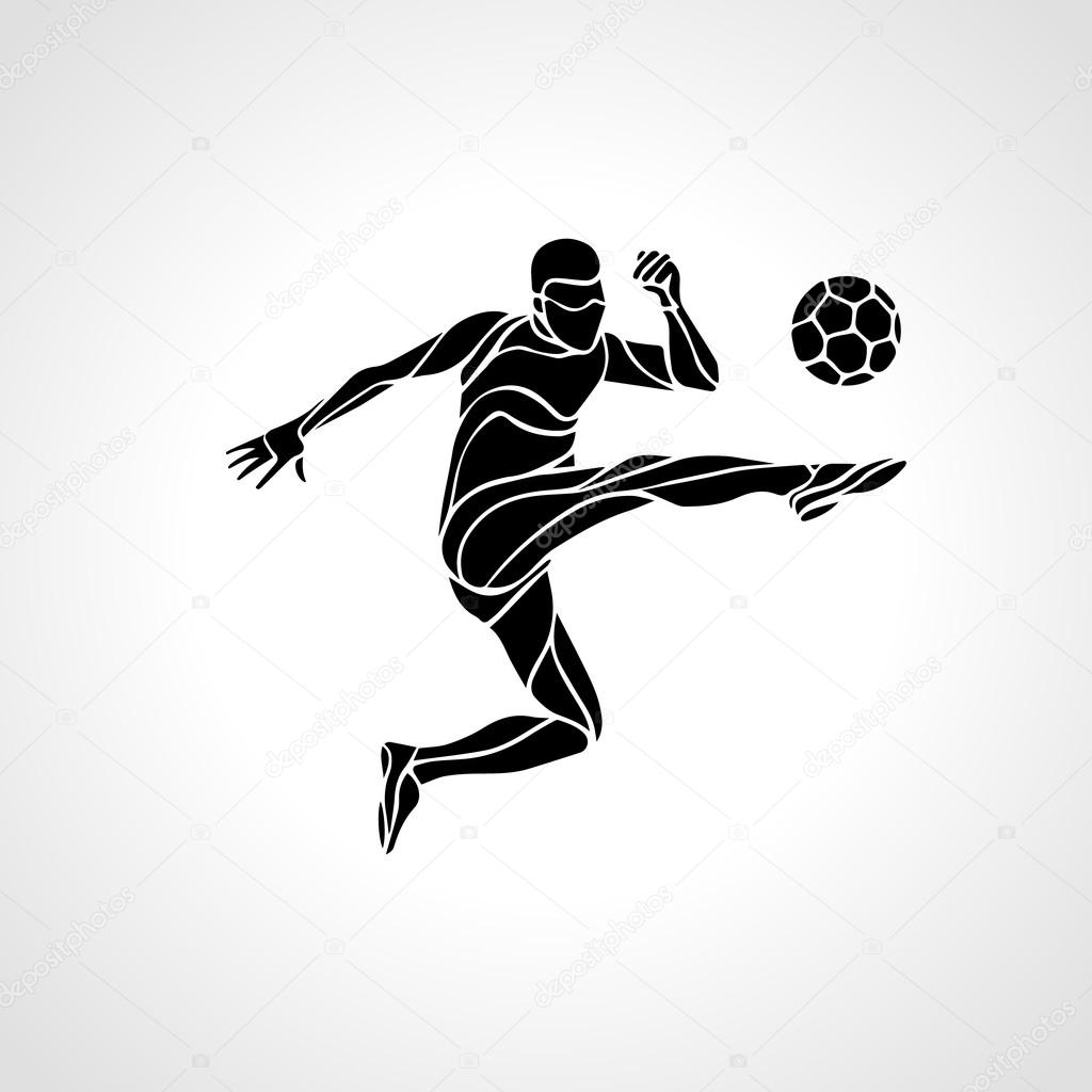 Soccer player kicks the ball. The colorful vector illustration on black background.