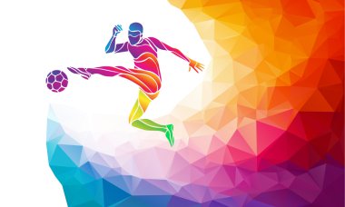 Creative silhouette of soccer player. Football player kicks the ball in trendy abstract colorful polygon style with rainbow back vector Creative silhouette of soccer player. Football player kicks the ball in trendy abstract colorful polygon style with rainbow back vector