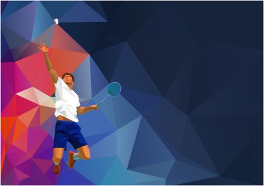 Poligon profesyonel badminton oyuncu renkli düşük Poli arka planda el ilanı, afiş, web, broşür, dergi için alan ile şut atışı yapıyor. Vektör çizim