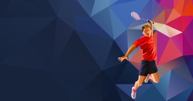 Poligon profesyonel badminton oyuncu renkli düşük Poli arka planda el ilanı, afiş, web, broşür, dergi için alan ile şut atışı yapıyor. Vektör çizim