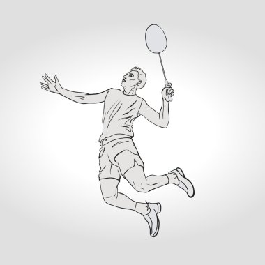 Badminton oyuncu vektör Illustration. Elle çizilmiş.