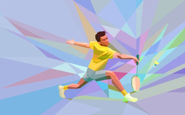 Polygonaler professioneller Badmintonspieler auf buntem Low-Poly-Hintergrund, der Smash Shot mit Platz für Flyer, Poster, Web, Broschüre, Magazin macht. Vektorillustration — Stockvektor