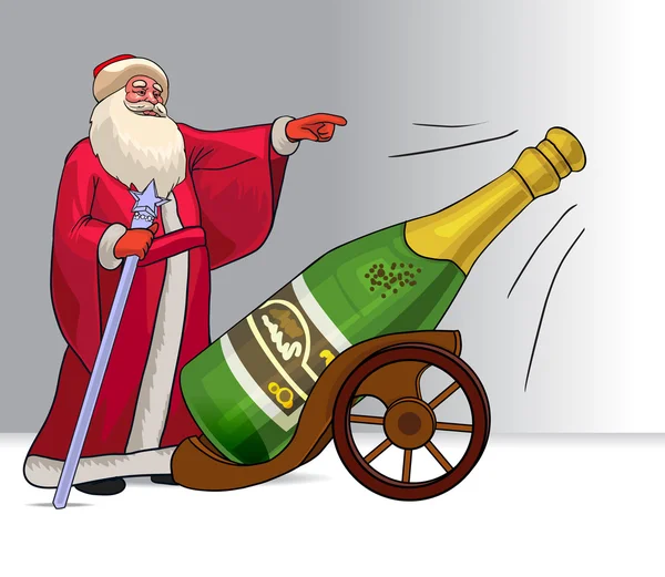 Russo Babbo Natale Ded Moroz e bottiglia di champagne pronto a sparare. Illustrazione del cartone animato vettoriale, biglietto di Natale — Vettoriale Stock
