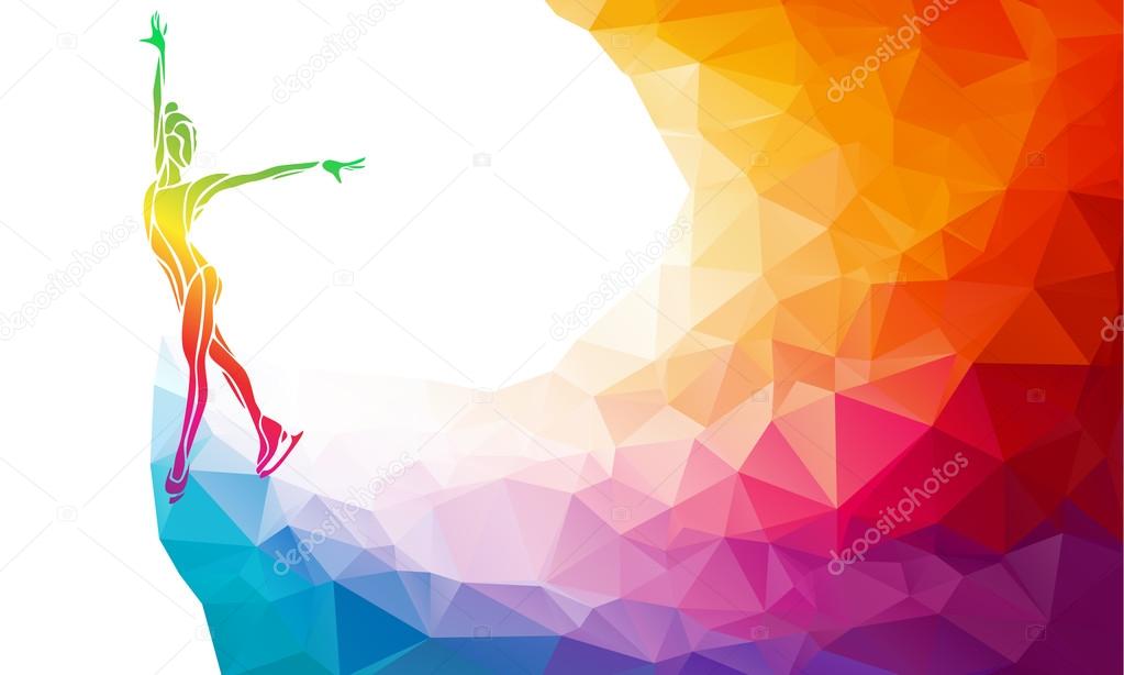 Creative silhouette of ice skating girl on multicolor back