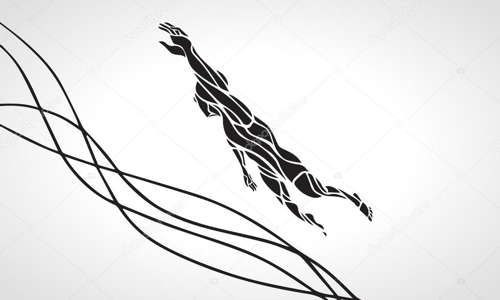 Freestyle Female Swimmer Black Silhouette. Sport swimming, front crawl. Vector Professional Swimming Illustration