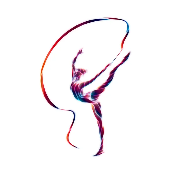Creatief silhouet van gymnastiek meisje. Kunstgymnastiek met lint — Stockfoto