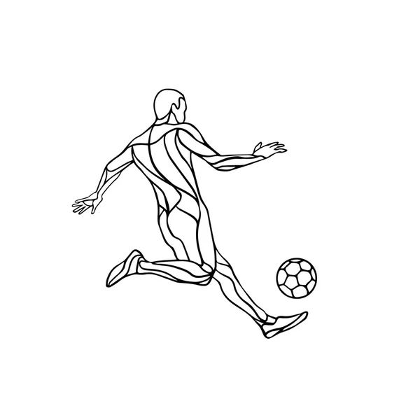 Calcio o giocatore di calcio calcia il pallone. Silhouette astratta del vettore line art. Illustrazione su sfondo bianco . — Vettoriale Stock