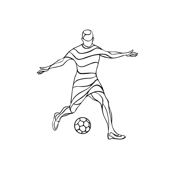 Fotboll eller fotboll spelare sparkar bollen. Abstrakt line art vektor silhuett. Illustration på vit bakgrund. — Stock vektor