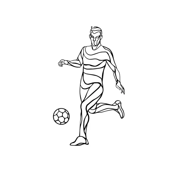 Il giocatore di calcio calcia il pallone. Linea arte vettoriale illustrazione su sfondo bianco . — Vettoriale Stock