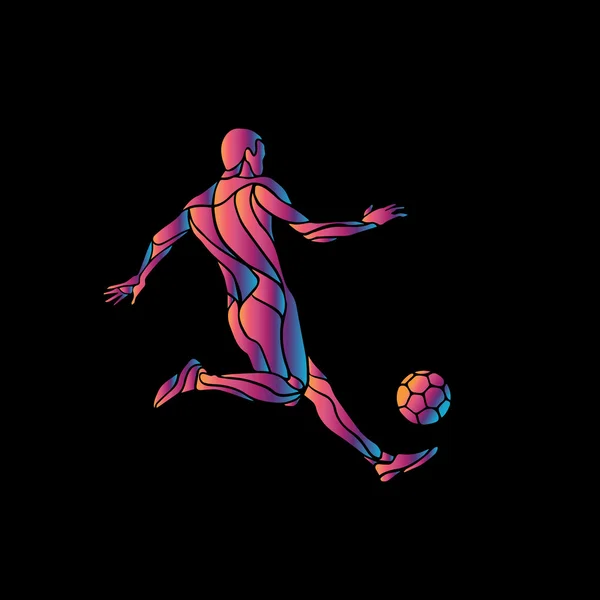 Jogador de futebol chuta a bola. A ilustração vetorial colorida sobre fundo preto . — Vetor de Stock