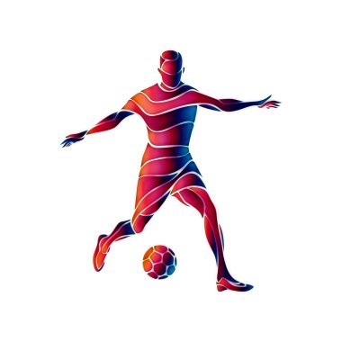 Futbol oyuncusu topu başladı. Beyaz arka plan üzerinde renkli soyut resimde.