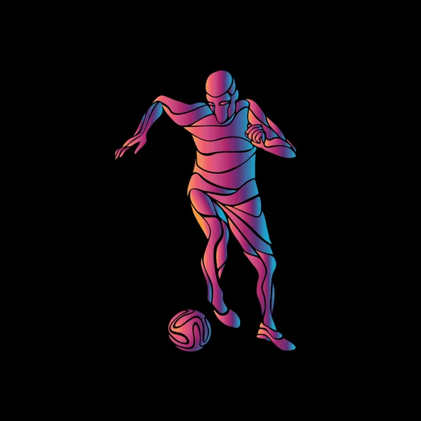 El jugador de fútbol patea la pelota. El colorido vector ilustración sobre fondo negro . — Archivo Imágenes Vectoriales