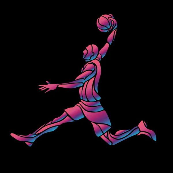 Giocatore di basket Slam Dunk Neon Glow Silhouette — Vettoriale Stock