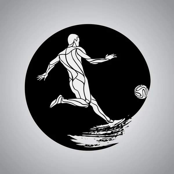 サッカー選手はボールを蹴る。黒い背景にカラフルなベクトルのロゴのステッカー. — ストックベクタ