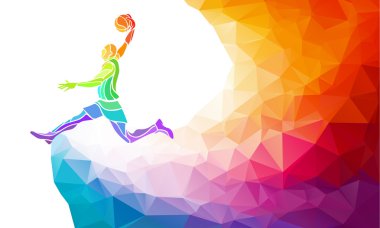 Renkli düşük Poli arka plan ayarla yan her Çokgen geometrik tarzı illüstrasyon atlama çekim bir basketbol oyuncu atlama atış Jumper bakıldığında.