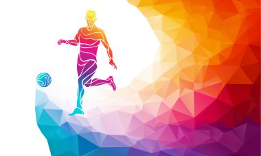 Creative silhouette of soccer player. Football player kicks the ball in trendy abstract colorful polygon style with rainbow back vector Creative silhouette of soccer player. Football player kicks the ball in trendy abstract colorful polygon style with rainbow back vector