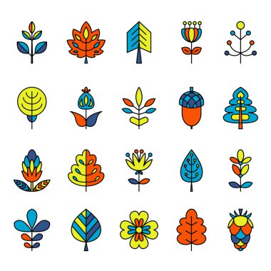 Ağaçları, yaprak ve çiçek ile anahat kontur simgeler kümesi.