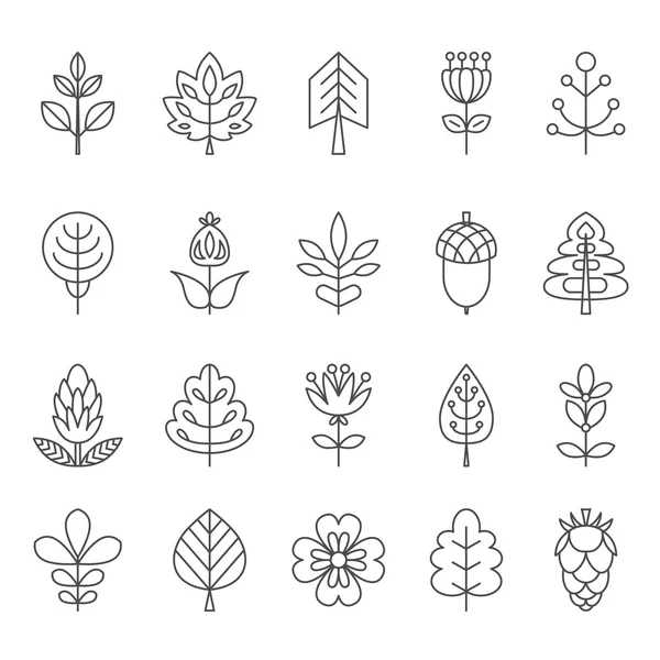 Conjunto de ícones de traçado com fortaleza, folhas e flores . —  Vetores de Stock