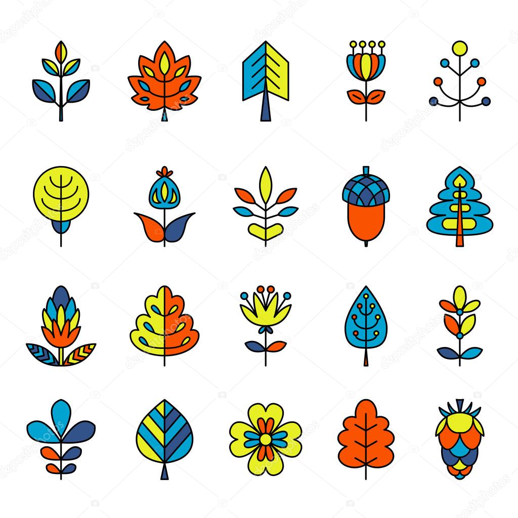 Set of outline stroke icons with tress, leaves and flowers.