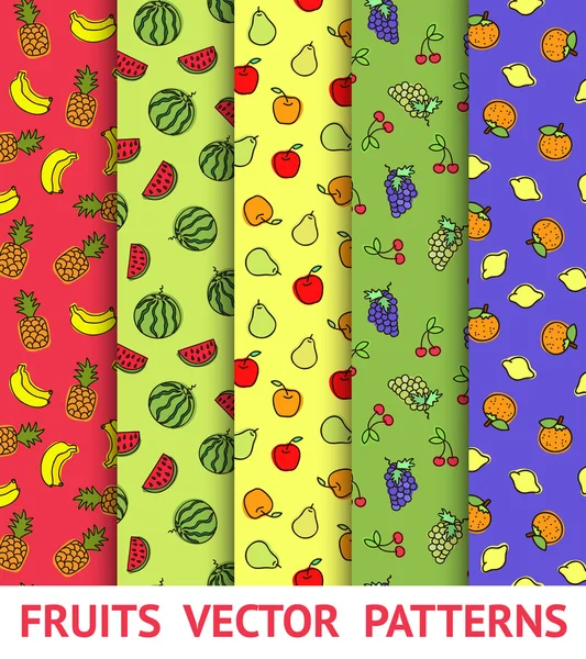 Ensemble de motifs sans couture vectoriels colorés avec différents fruits . — Image vectorielle