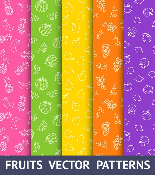 Conjunto de patrones inconsútiles de colores vectoriales con diferentes frutas . — Vector de stock