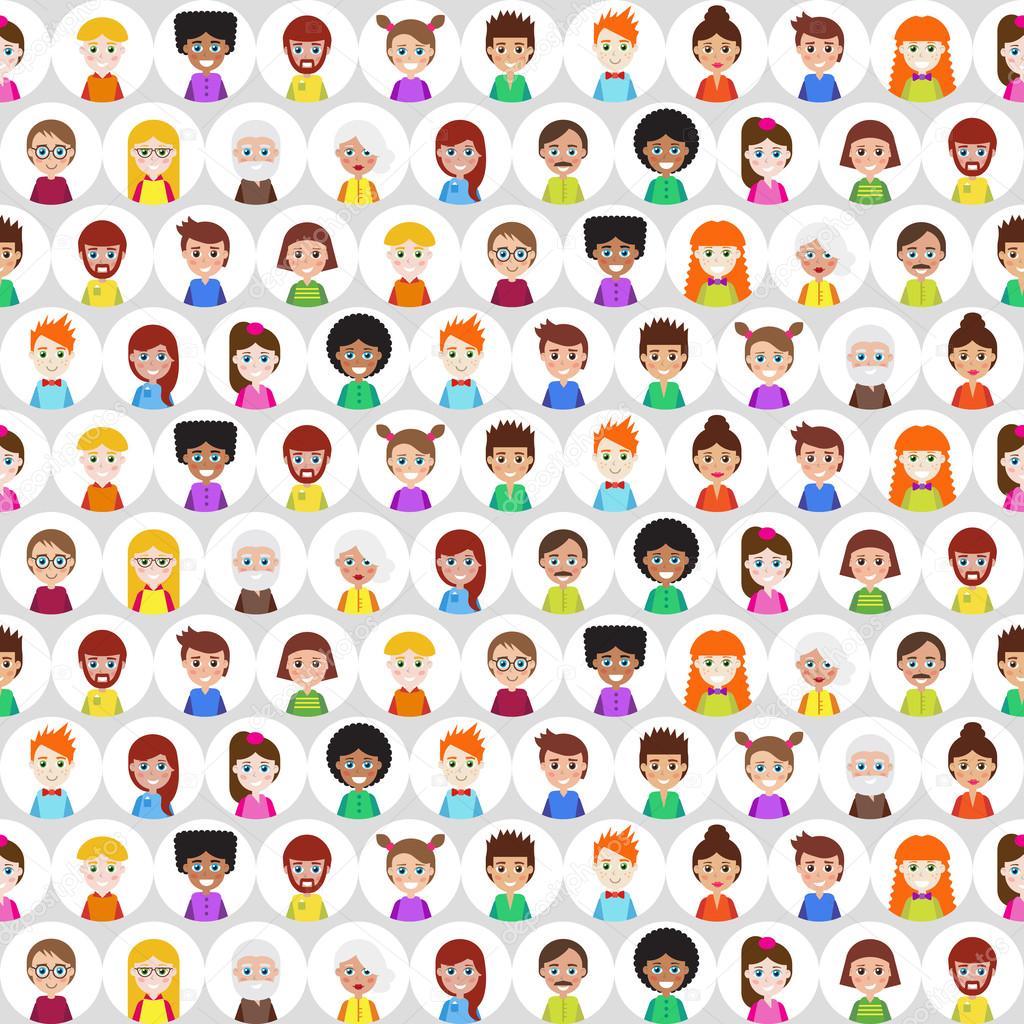 Seamless pattern with round flat people avatars. It can be used as - logo, pictogram, icon, infographic element. EPS 10 Vector