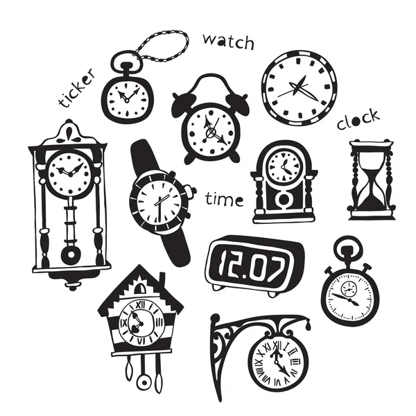 Ilustración de relojes de garabato . — Vector de stock