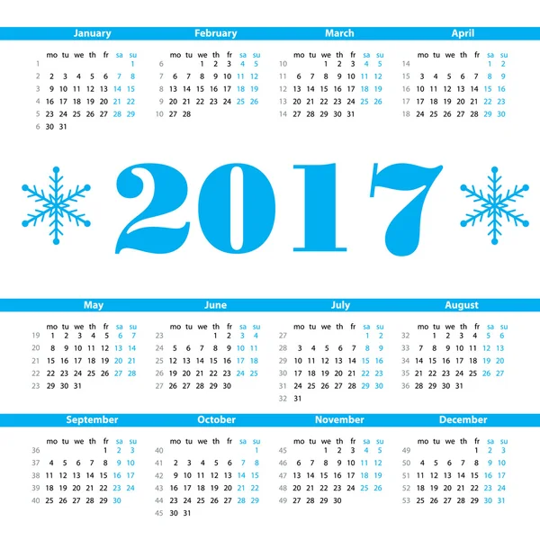 Jaar kalender 2017 ontwerpsjabloon vector met weeknummers en — Stockvector