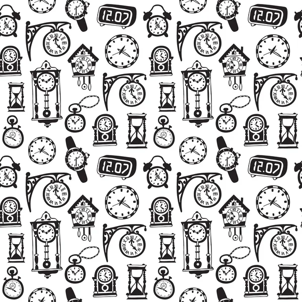 Naadloze patroon met doodle horloges en klokken. — Stockvector