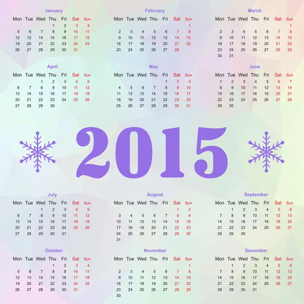 Felice anno nuovo 2015 calendario europeo con fiocchi di neve — Vettoriale Stock