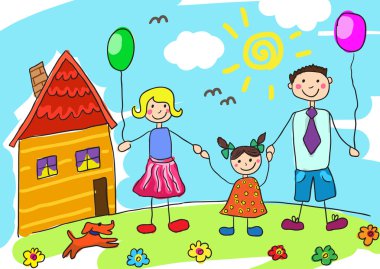 Çocuk köpekli mutlu bir aile çiziyor. Baba, anne, kız ve evleri..