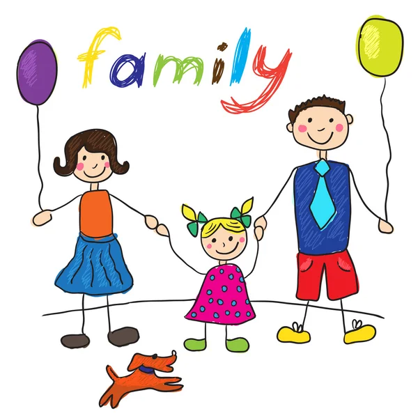 Kinderzeichnung glückliche Familie mit Hund. Vater, Mutter, Tochter. — Stockvektor