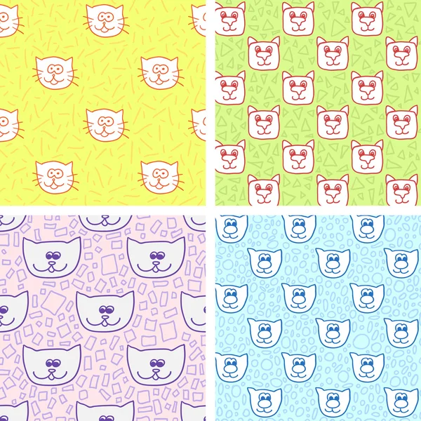 Quatre motifs mignons sans couture avec des visages de chat — Image vectorielle