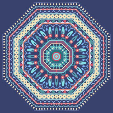 Vektör tasarım çiçek süsleme yuvarlak. Mavi arka plan karede dekoratif desen