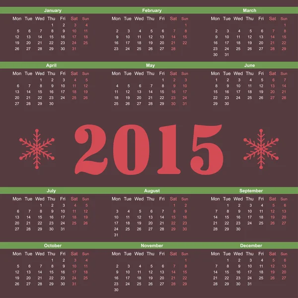 Eenvoudige europese 2015 jaar vector kalender — Stockvector