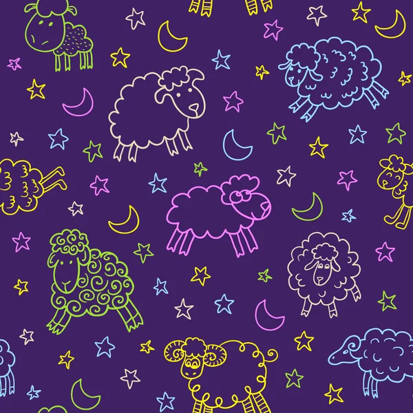 Seamless pattern with sheep in night — Stock Vector