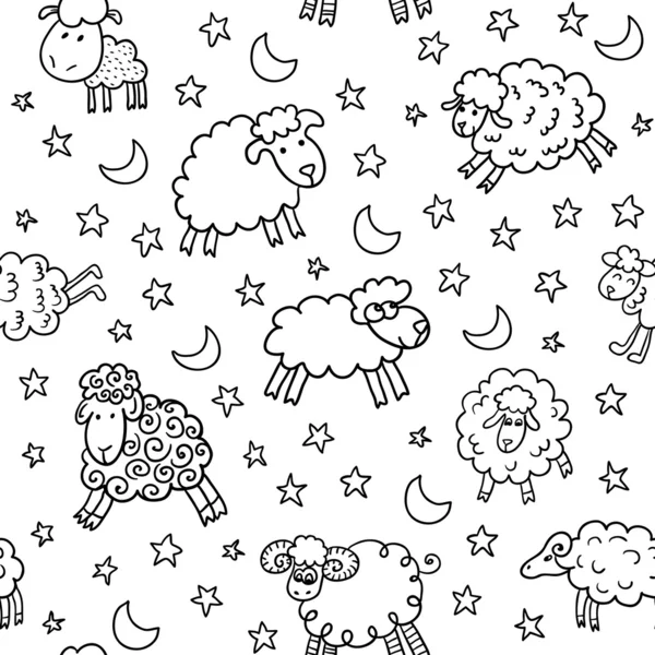 Modèle sans couture avec des moutons dans la nuit — Image vectorielle