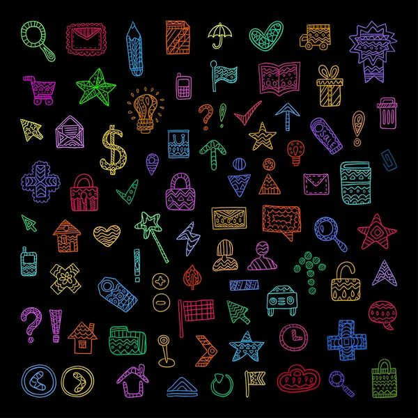 Vector Doodle Iconos Conjunto sobre un fondo negro — Archivo Imágenes Vectoriales