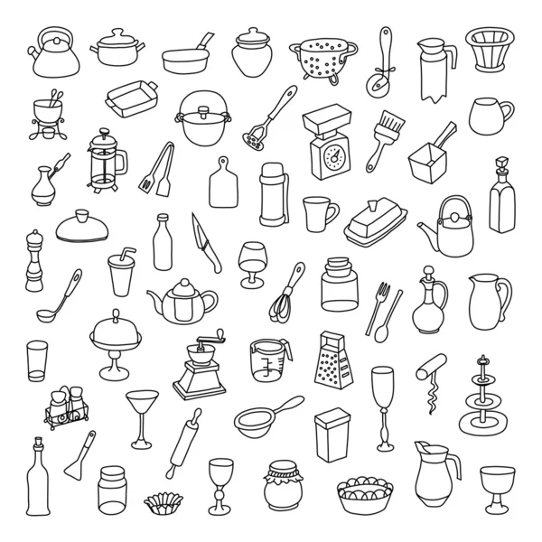 Ensemble de 60 icônes de différents types d'ustensiles de cuisine — Image vectorielle