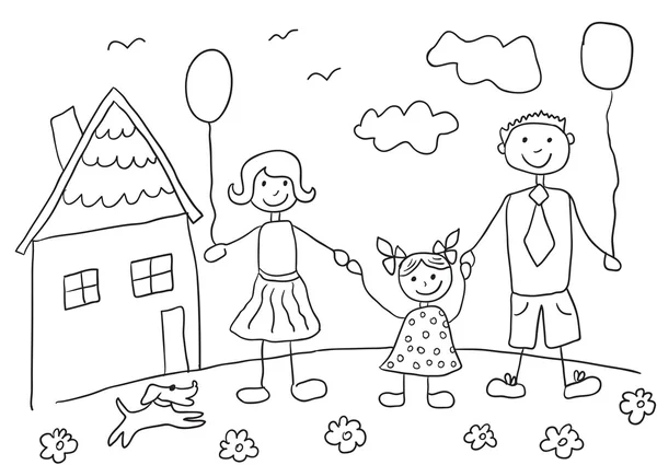 Child's drawing happy family with dog. Father, mother, daughter and their house. — Stock Vector