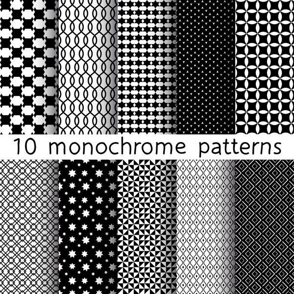 10 Monochrome different vector seamless patterns. Set of black and white geometric ornaments. Endless texture can be used for wallpaper, pattern fills, web page background, surface textures.