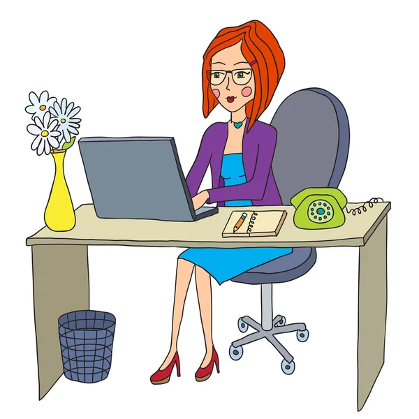 Business woman works behind the computer — Stock Vector