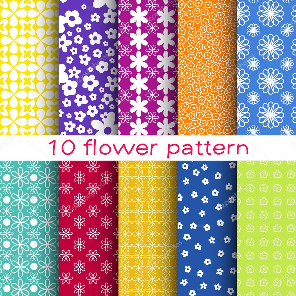 10 Romantic different flower vector seamless patterns. Endless texture can be used for printing onto fabric and paper or scrap booking. Floral shapes.
