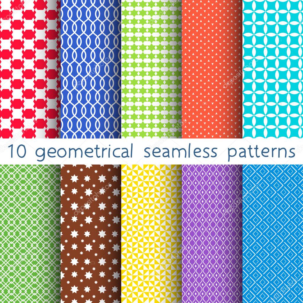 10 different vector seamless patterns. Set of variegated geometric ornaments. Endless texture can be used for wallpaper, pattern fills, web page background, surface textures.